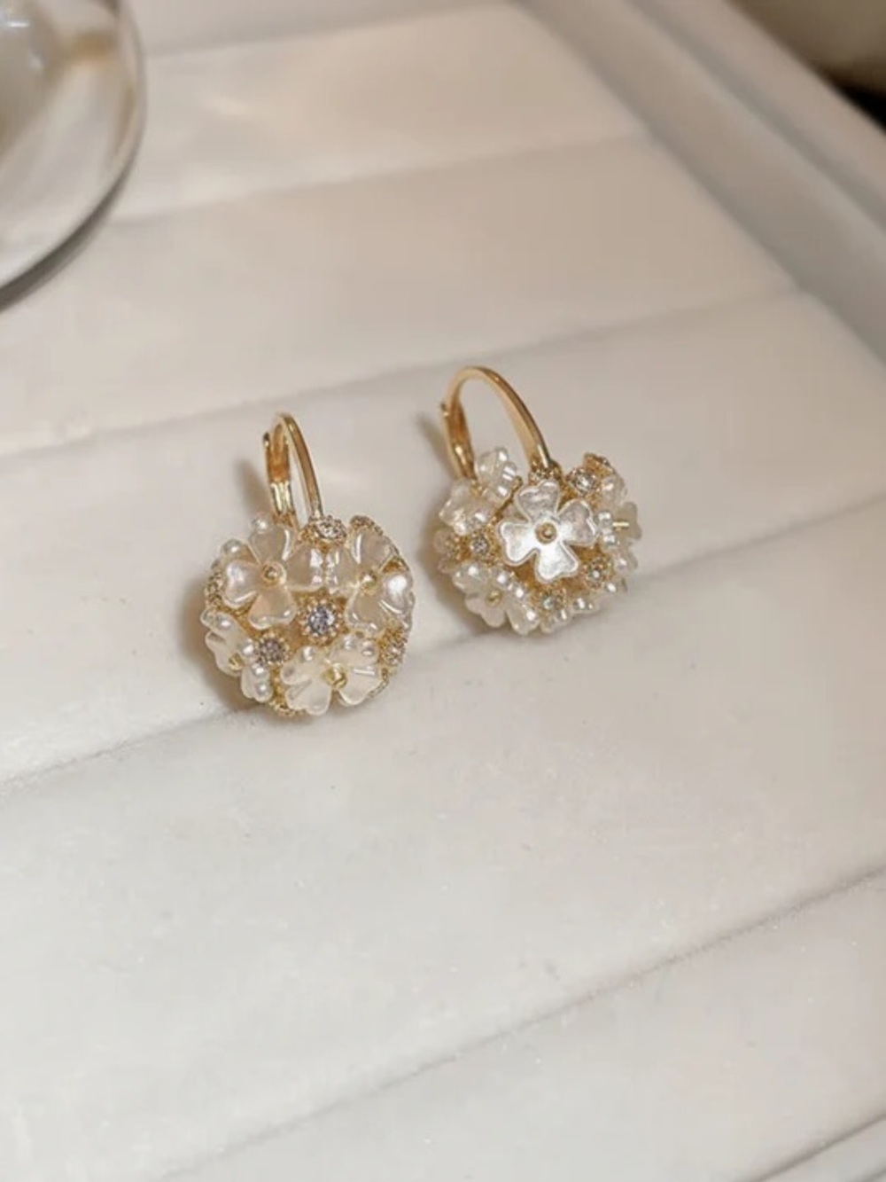 Gold Floral Pearl Drop Earrings - Picture 5 of 5